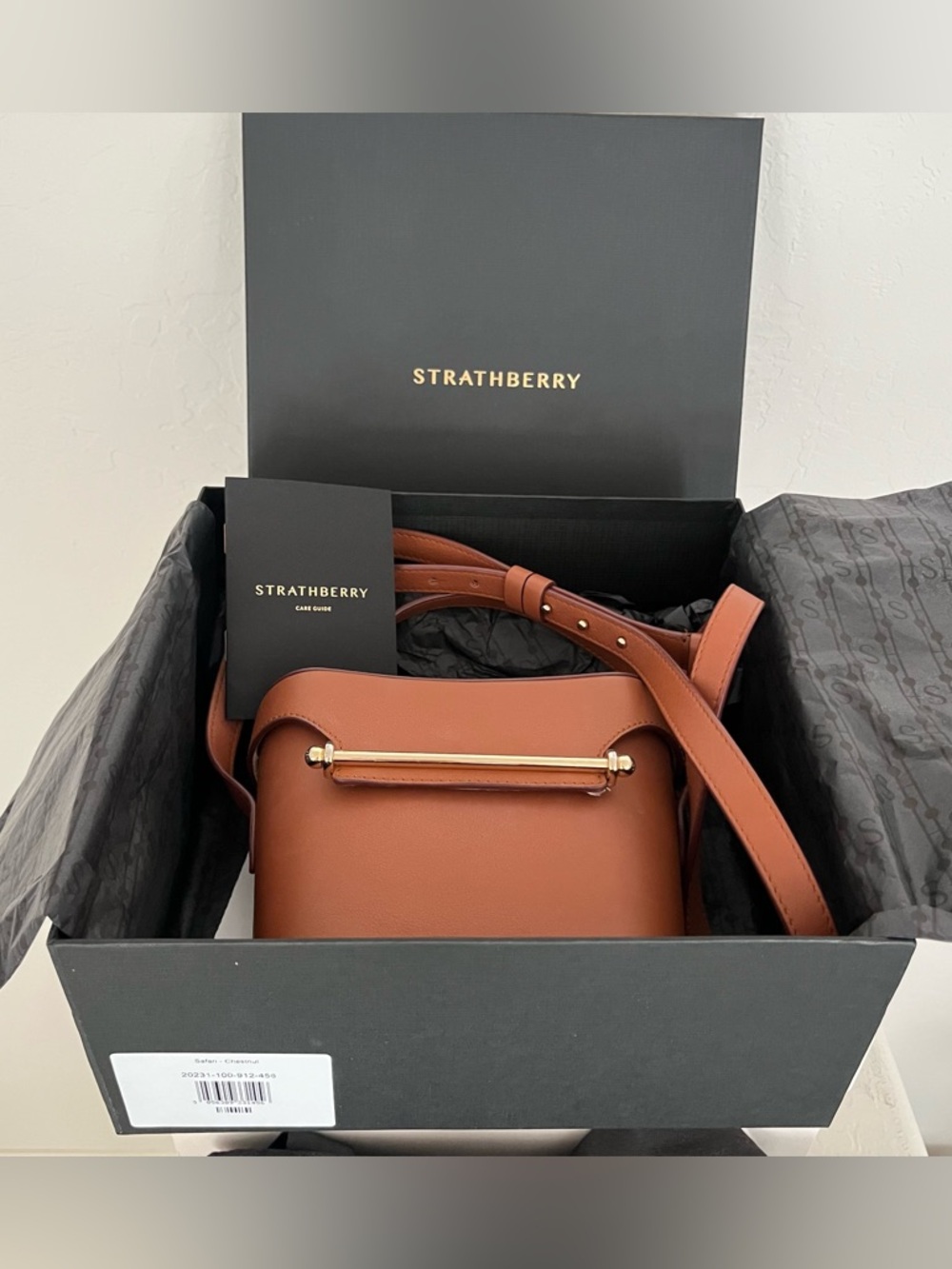 Strathberry Brown Leather Crossbody with Gold Bar
